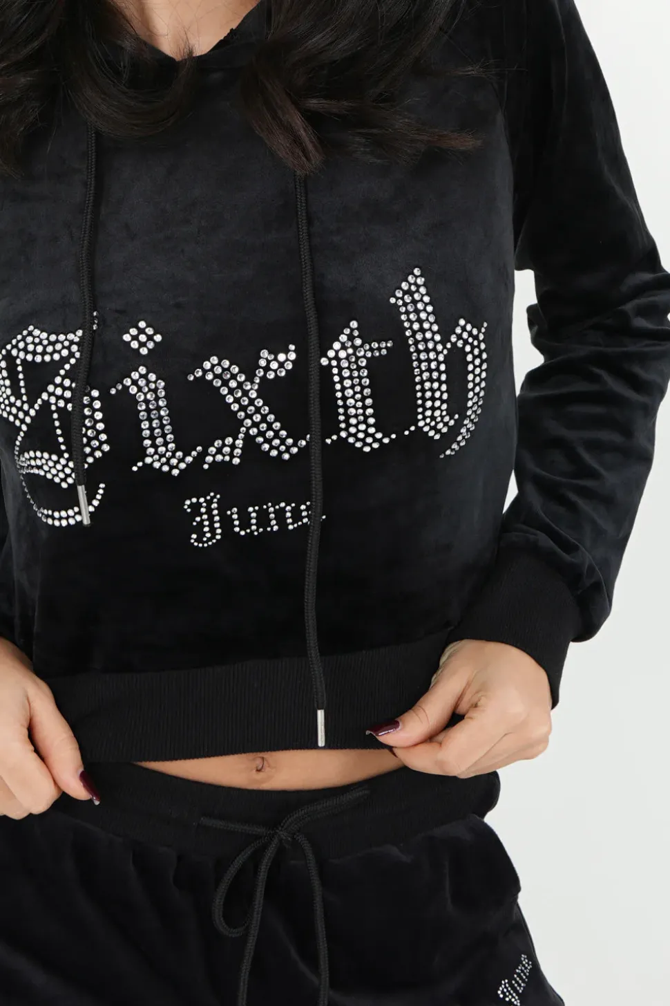 Sweatshirt Capuche Velours Strass Noir