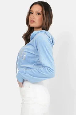 Sweatshirt Capuche Velours Strass Bleu