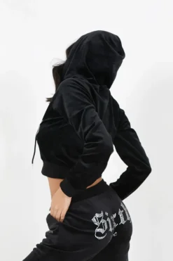 Sweatshirt Capuche Velours Strass Noir