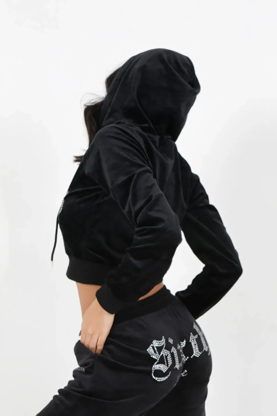 Sweatshirt Capuche Velours Strass Noir