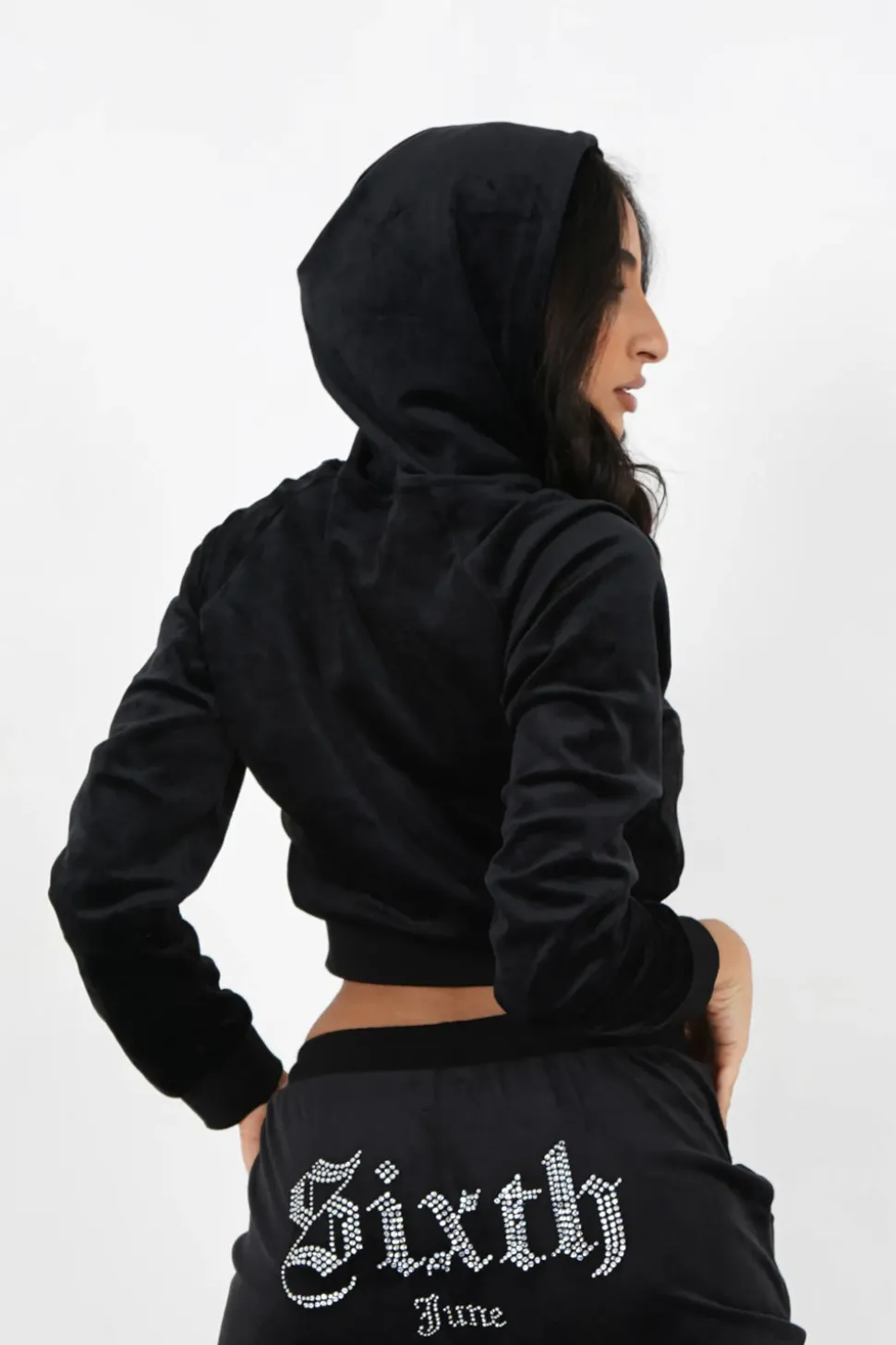Sweatshirt Capuche Velours Strass Noir