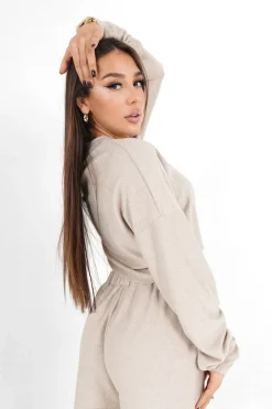 Sweatshirt Court Tissu Bouclette Beige Clair