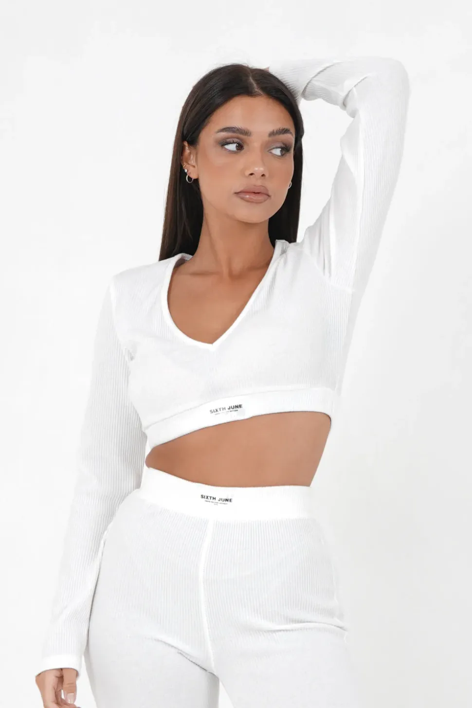 Top Cotele Manches Longues Blanc Casse