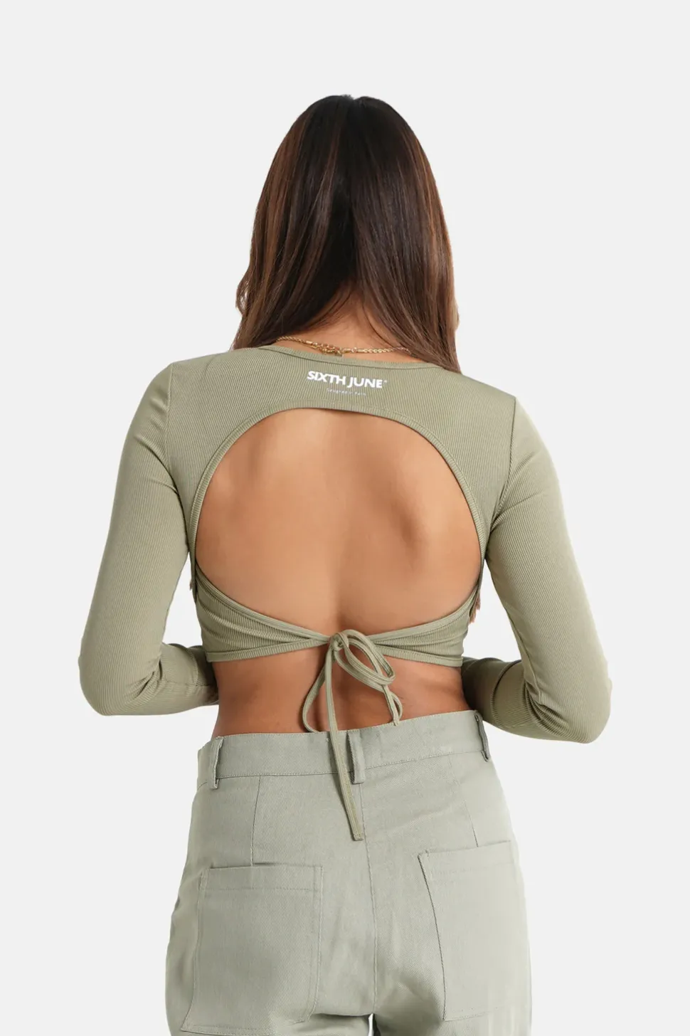 Top Manches Longues Ouverture Dos Vert Kaki