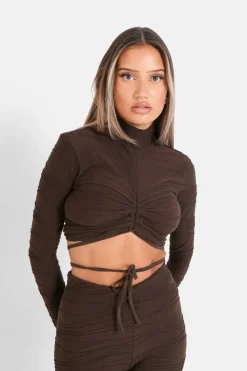 T-Shirt Court Texture Plisse Marron Fonce