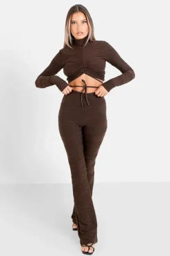 T-Shirt Court Texture Plisse Marron Fonce