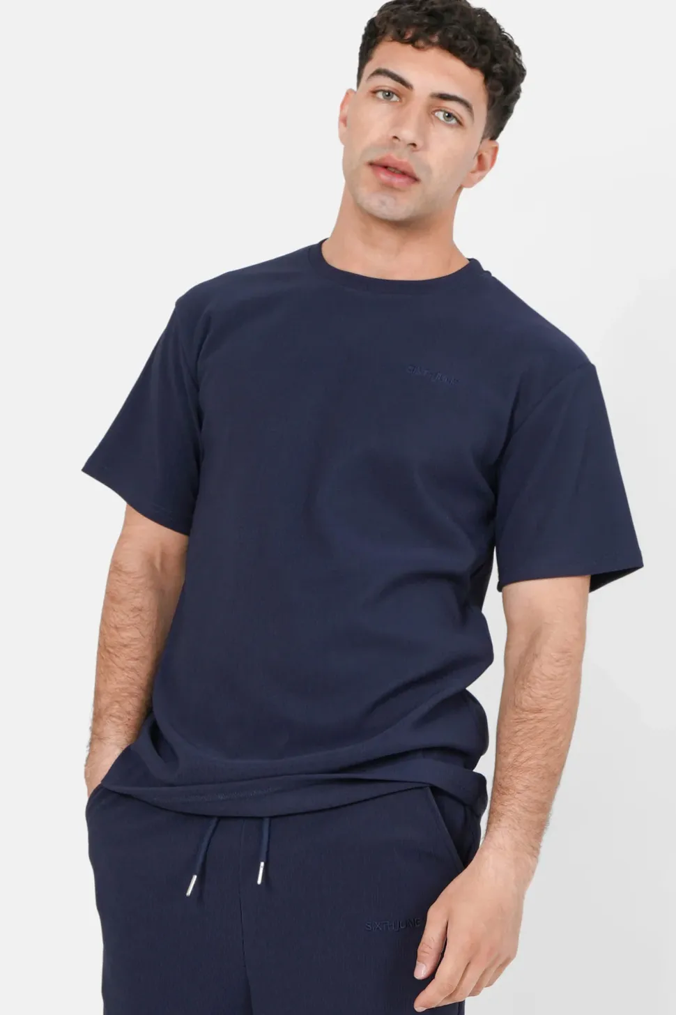 T-Shirt Plisse Manches Courtes Bleu Fonce