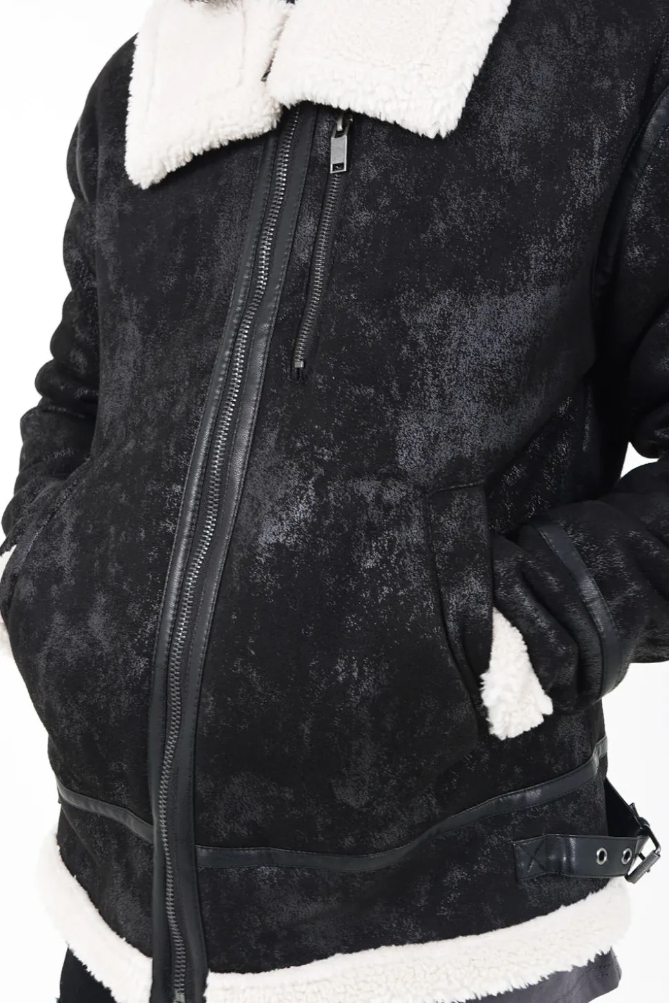 Veste Aviateur Revers Faux Mouton Noir-Blanc