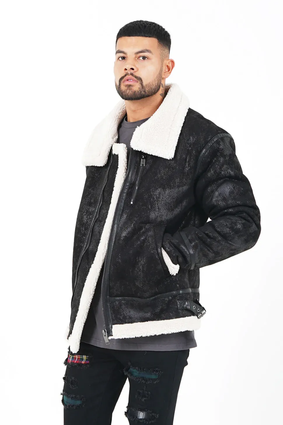 Veste Aviateur Revers Faux Mouton Noir-Blanc