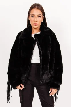 Veste Fausse Fourrure Franges Noir