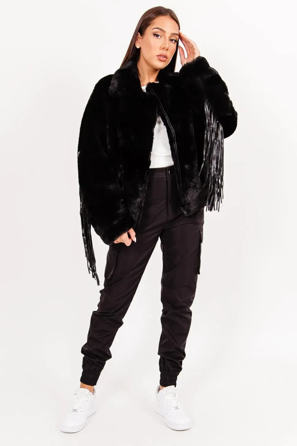 Veste Fausse Fourrure Franges Noir