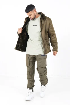 Veste Suedine Revers Fourrure Vert Kaki