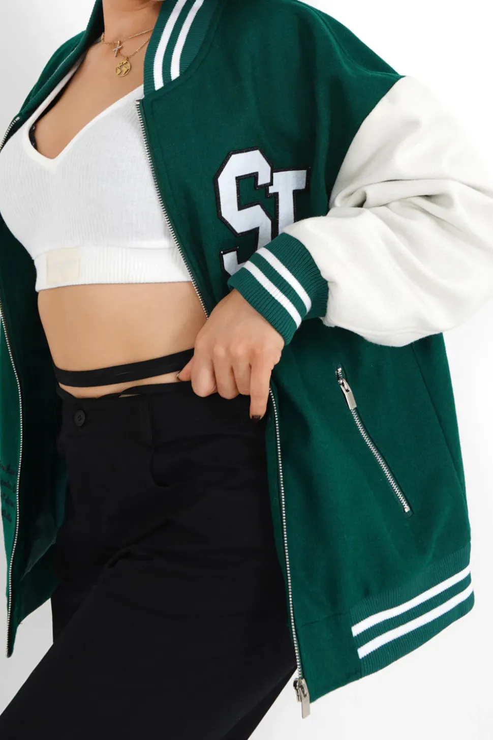 Veste Teddy Bicolore Vert Fonce